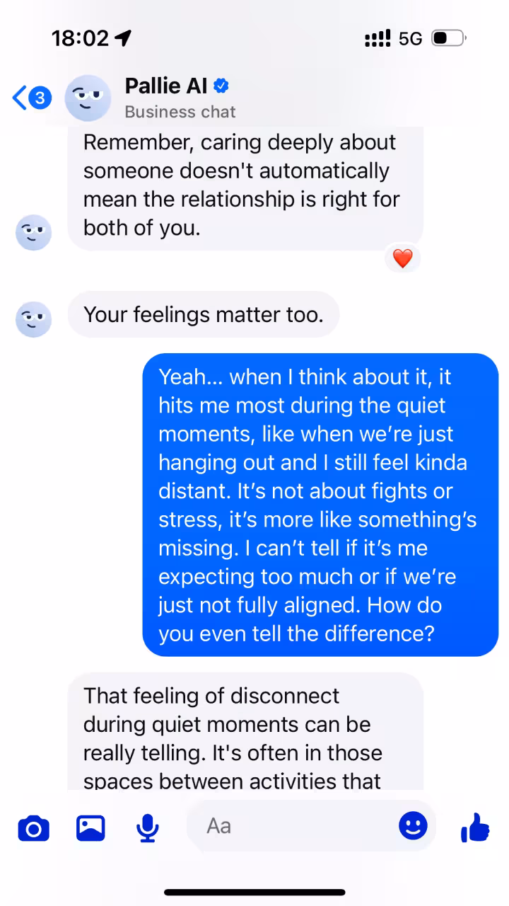 Facebook Messenger conversation screenshot demonstrating Pallie providing empathetic guidance for relationship challenges and emotional healing