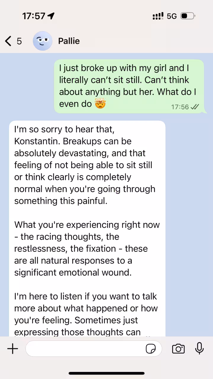 WhatsApp conversation screenshot showing user receiving emotional support and practical relationship advice from Pallie AI assistant